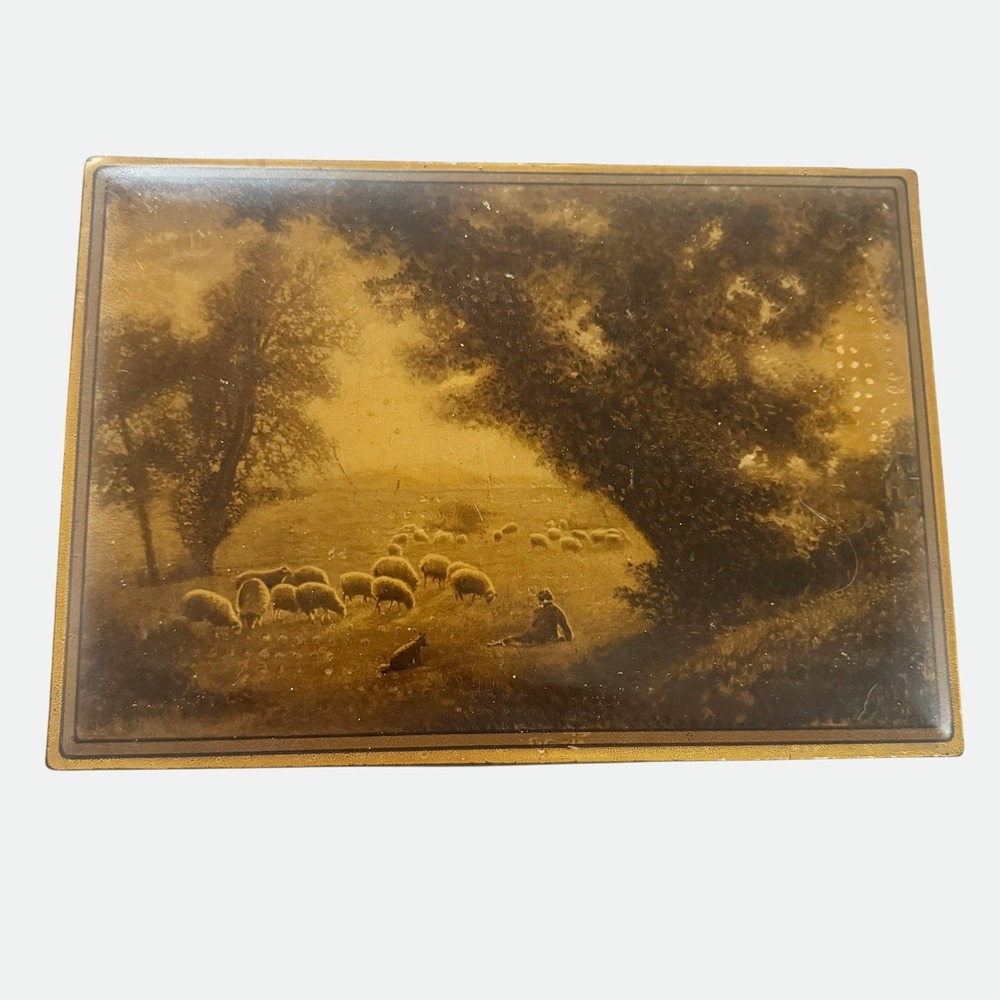 Uneeda Biscuit Tin Box Container Vintage Brown Pastoral Landscape Sheep 1920s